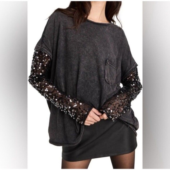 Free People Gray Haze Celine Sequined Long Sleeve Top Size Small - Picture 1 of 14